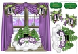 snow family in purple ornament, with bells in window scene