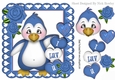 I LUV U! Penquin with hearts and blue roses 8x8