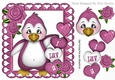 I LUV U! Penquin with hearts and pink roses 8x8