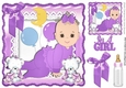 Cute little baby girl, with cuddly bears and her bottle with purple bow 8x8