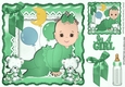 Cute little baby girl, with cuddly bears and her bottle with green bow 8x8