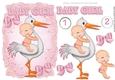 cute baby girl sat on a stork with bow