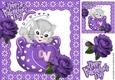 cute kitty in teapot with valentine purple roses 8x8