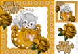cute kitty in teapot with valentine gold roses 8x8