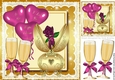 Gold faberge egg with pink rose,  heart balloons & champers 8x8