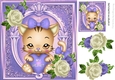 pink kitty with hearts and purple roses 8x8