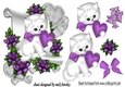 cute white kiitty with purple heart and roses on a scroll, 