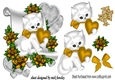 cute white kiitty with gold heart and roses on a scroll,