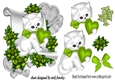 cute white kiitty with L/Green heart and roses on a scroll,