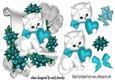cute white kiitty with turq heart and roses on a scroll,