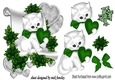 cute white kiitty with green  heart and roses on a scroll,