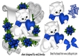cute white kiitty with R/Blue heart and roses on a scroll,