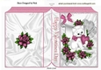 cute white kiitty with pink heart and roses on a scroll folded book,