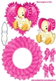 Little chick in pink bonnet on frill rocker card