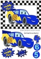 Toony blue racing car in check frame A5