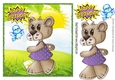 Tilly bear in her purple dress taking a walk with little blue bird 8x8