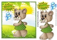 Tilly bear in her green dress taking a walk with little blue bird 8x8