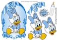 cute little baby duck with blue ribbon and bottle