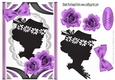 Classy silhouette lady in hat with purpleroses on lace in ornate frame