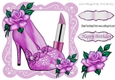 pretty pink sparkle shoes with lipstick and rose in lace frame 8x8