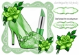 pretty green sparkle shoes with lipstick and rose in lace frame 8x8