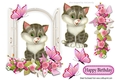 cute kitty in the window with flowers and butterflies