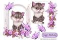 cute kitty in the window with lilac flowers and butterflies
