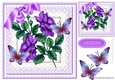 Purple roses on lace with bow and butterflies 8x8