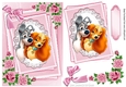 cute dogs cuddling on lace with pink roses & bow A5