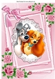 cute dogs on lace with pink roses & bow A4