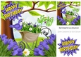 spring is here! with flower wheel barrow and purple tulips, 8x8