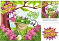 spring is here! with flower wheel barrow and pink tulips, 8x8