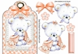 Little white teddy cuddling blanket on lace peach gingham tag
