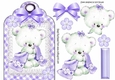Little white teddy cuddling blanket on lace lilac gingham tag