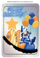 Jolly little clown in blue sat on clowns shoe with balloons A4