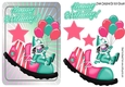 Jolly little clown in turq sat on clowns shoe with balloons A5