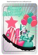 Jolly little clown in turq sat on clowns shoe with balloons A4