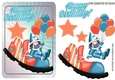 Jolly little clown in blue sat on clowns shoe with peach star A5