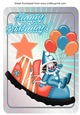 Jolly little clown in blue sat on clowns shoe with peach star A4