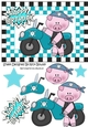 Turq Biker, Pig in Skull helmet in chequered frame A5