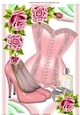 pink roses with pretty pink corset & accessories in retro frame A4