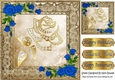 Pretty Decorative Gold Rose with diamonds, and blue roses 8x8