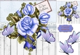 blue roses with butterflies  in a vase and wood effect 8x8