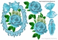 lovely turq and cream roses in ornate frame with bow