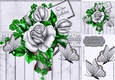 silver roses with butterflies  in a vase and wood effect 8x8