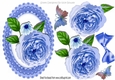 Blue roses in gingham oval scalloped frame with butterflies