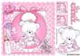 cute teddy with her pink blanket, bottle on bib in frame 8x8