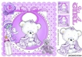 Cuddly teddy with her lilac blanket, bottle on bib, in frame 8x8