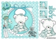 Cuddly teddy with his turq blanket, bottle on bib, in frame 8x8