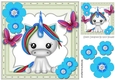 Pretty rainbow unicorn with butterflies and blue flowers 8x8